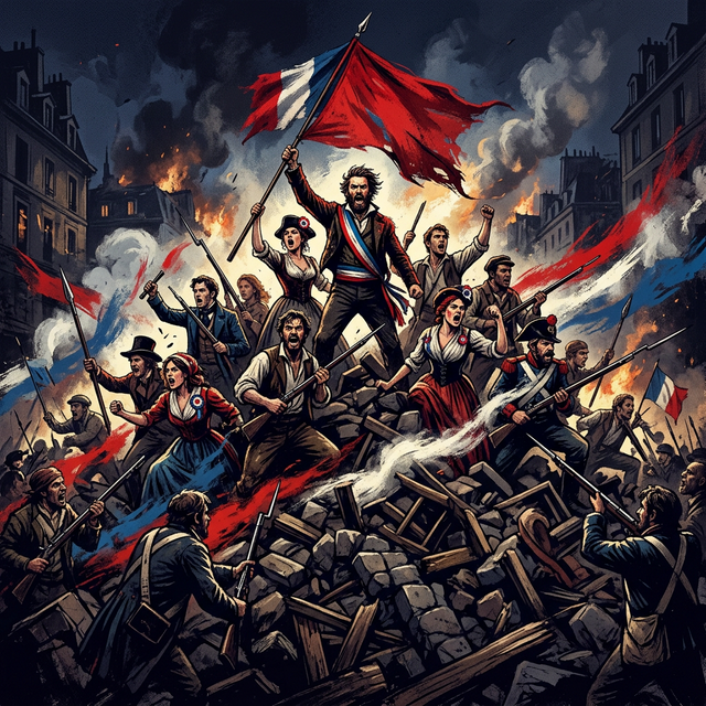 Cena coletiva inspirada na barricada de Os Miseráveis.